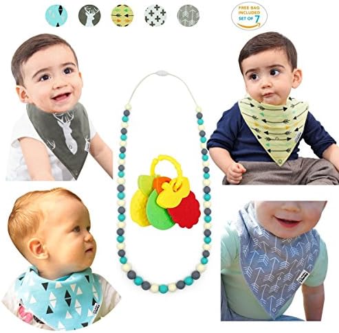 Bandana Drool Bibs With Teether Holder For Boys &amp; Girls - Super Absorbent Organic Cotton, Soft, &amp; Modern Perfect Baby Teether Toys(5 packs+Teething necklace +Teether Toys)Bandana Bibs