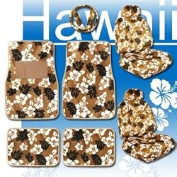 - 	 11pc Hawaiian Print Car Mats Seat Steering Wheel Cover Set