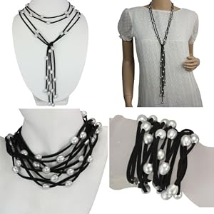 Black Double Strand Floating Dyed Gray 9-10mm Cultured Pearls Suede Lariat Necklace
