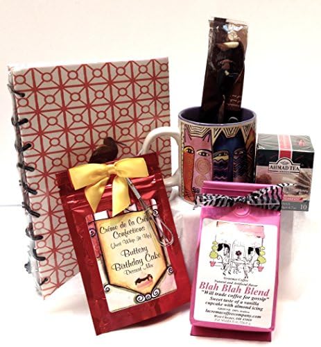 Delicious Birthday Surprise Gift Set - Laurel Burch Mug, Hot Chocolate Spoon, La Crema Coffee, Birthday Cake Dessert, Tea, Journal