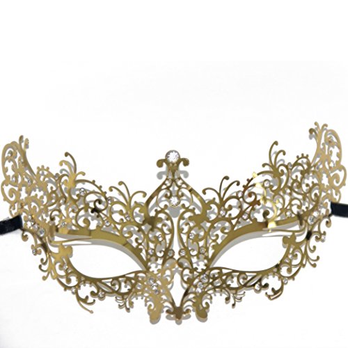 Signstek Red Rhinestones Metal Luxury Venetian Laser Cut Masquerade Filigree Mask (Rose Gold/Clear Stones)