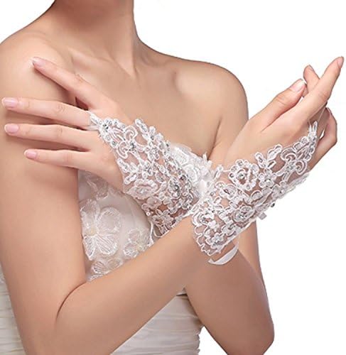 JiaFang Bridal Lace Rhinestone Fingerless Short Gloves for Wedding Party Prom White (7.1 x 3.4 x 0.2 inches, White)