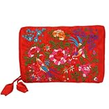 Silky Embroidered Brocade Jewelry Travel Organizer Roll Pouch - Ruby Red