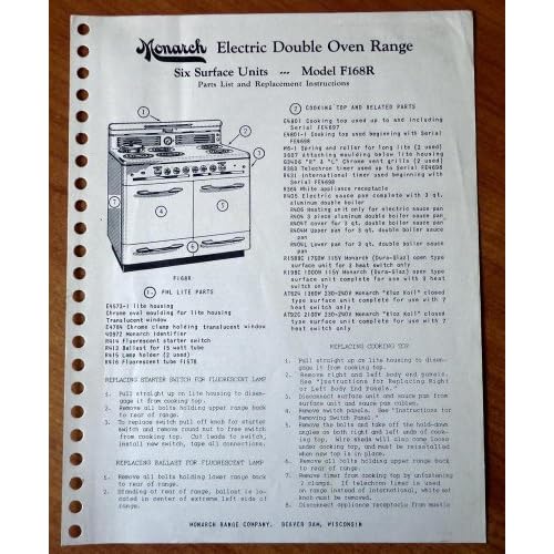 Monarch Electric Double Oven Range, Six Surface Units Model F168R Parts