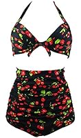 Cocoship Retro 50s Black Pink Blue Floral Halter High Waist Bikini Carnival Swimsuit(FBA)