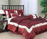 7 Pieces Burgundy, Off White, and Red with Jacquard Floral Comforter Set Bed-in-a-bag Queen Size Bedding