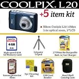 Nikon Coolpix L20 10MP Digital Camera  With The Perfect Holiday Accessory Kit Includes 4GB Memory Card + Card Reader + Hard Carrying Case + AA Battery & Charger Set + Gripster Tripod + More