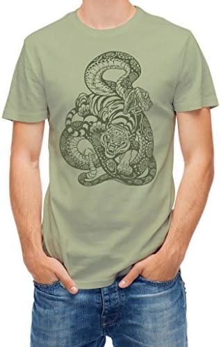T-shirt tiger and snake fighting Green Sage M