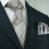 Landisun 90K Purples Novelty Pattern Mens Silk Tie Set: Tie+Hanky &Plastic Hook