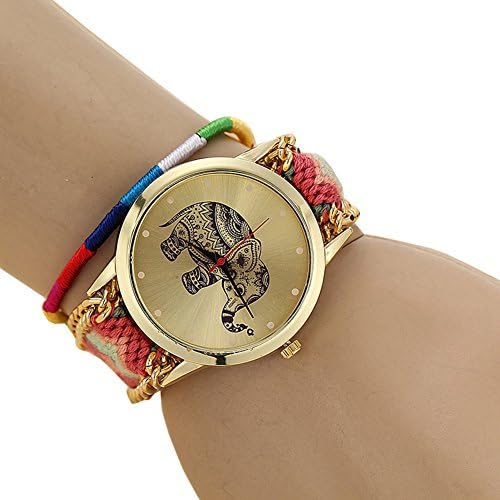 Soulvin Geneva Elephant Charm Watch Women Colorized Weave Belt Wrist Bracelet Watch Pink
