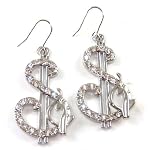 Large Crystal Dangle Silver Dollar Signs Earrings w/ Phat Baby Cat Hip Hop Style