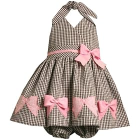 Bonnie Baby Mini Check Seersucker Halter Dress with Bow Appliques, Brown, 12 Months