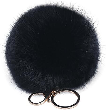 Genuine Rabbit Fur Key Chain for 18 K Gold Plated Novelty Keychain with Fur Key Chain for Car Key Ring Bag Purse Charm Keychain with Plush Cute (Black)