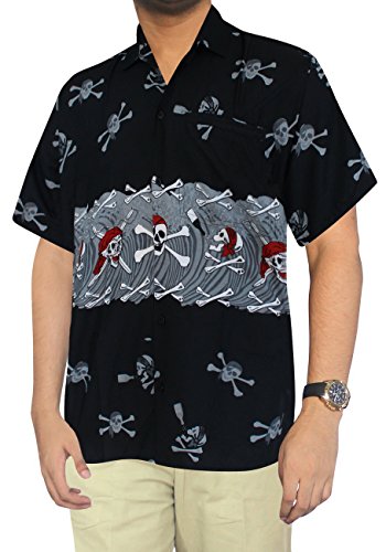 La Leela Hawaiian Shirt For Men Short Sleeve Front-Pocket Beach Skull Black Grey