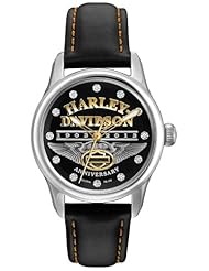 Harley-Davidson® Womens 110th Annivesary Special Edition Bulova Watch. Leather Strap. Swarovski Elements. 110th Logo. Anitquied Silve and Gold. 76L164