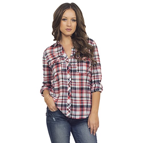 Women's Classic Collar Button Down Roll Up Long Sleeve Cotton Plaid Shirt