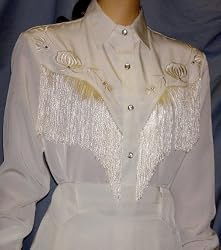Long Sleeve Bridal Blouse, White with Off-White Fringe