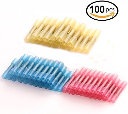100 PCS Heat Shrink Butt Connector, Aaczil Insulated Waterproof Marine Automotive Grade Wire Terminal Set Electrical Wire Crimp Connector Red 22-18 AWG Blue 16-14 AWG Yellow 12-10 AWG