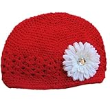 A Girl Company Red Crochet Beanie Hat/White Gerber Daisy for Baby and Girl