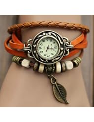 6 Color Quartz Fashion Weave Wrap Around Leather Bracelet Lady Woman Wrist Watch (Orange)