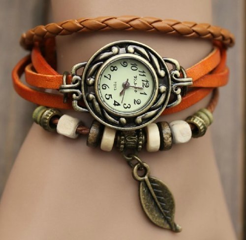 6 Color Quartz Fashion Weave Wrap Around Leather Bracelet Lady Woman Wrist Watch (Orange)