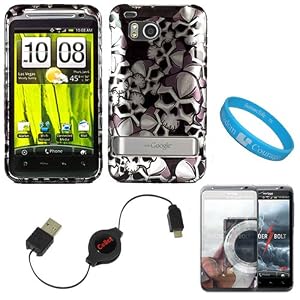 Skull Design Rubberized 2 Piece Protective Durable Hard Crystal Case Cover for Verizon Wireless NEW HTC Thunderbolt 4G HD ADR6400 + Mirror Screen Protector + Black Retractable Micro USB Data Cable Cord + SumacLife TM Wisdom Courage Wristband