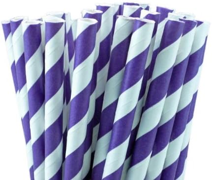 25 Paper Drinking Straws Purple Stripes 7.75" Retro Vintage Style Durable