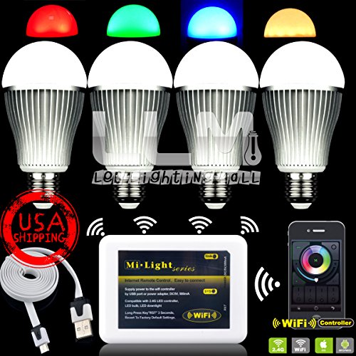4Pcs E27 9W LED Bulb 2.4G Wireless Milight RGB Warm White LED Light Bulb Lamp + 1Pcs Wifi Controller for Smartphone Iphone Android
