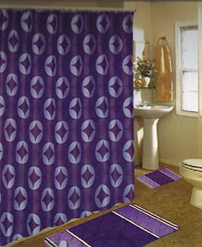 NEW 15PC PURPLE CIRCLES DESIGN BATHROOM BATH MATS SET RUG CARPET SHOWER CURTAIN