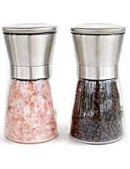 Kitchen: Salt and Pepper Shakers with Matching Stand - Salt and Pepper Grinders - Spice Grinder with Adjustable Coarseness - Brushed Stainless Steel Salt and Pepper Mill Pair - Willow & Everett