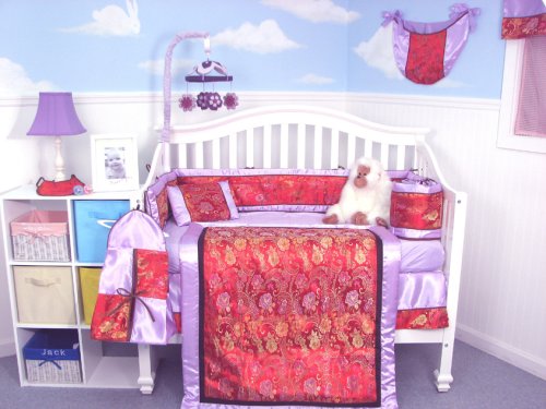 Lavender Paris Red Roses Silky 10pcs Baby Crib Bedding Set ** BELOW COST CLEARANCE! **