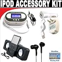 Digital 203 Channel FM Transmitter with LCD Screen + Black portable folding Speaker + Black mini soft Earbuds + 3-in-1 Charging kit for Apple iPod Classic, Video, Touch, Nano, iPhone 1G / 3G + DBROTH Microfiber Cleaning Cloth