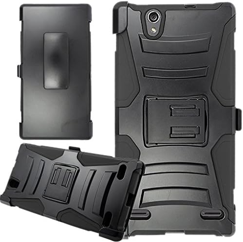 ZTE Lever Lte Z936L Z936C Black Dual Layer Holster Case with Kickstand and Belt Swivel Clip Phone Case Cover - iWIRE® &amp; Touch Screen Pen