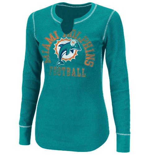 NFL Women's Miami Dolphins Gameday Gal III Long Sleeve Split Crew Neck Thermal Tee (Aqua/White, Small)