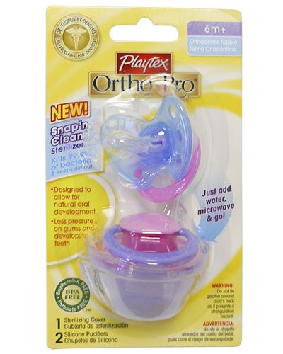 Playtex Baby Ortho-Pro Silicone Pacifiers w/Sterilizing Cover 6+ Months: Pink-Turquoise