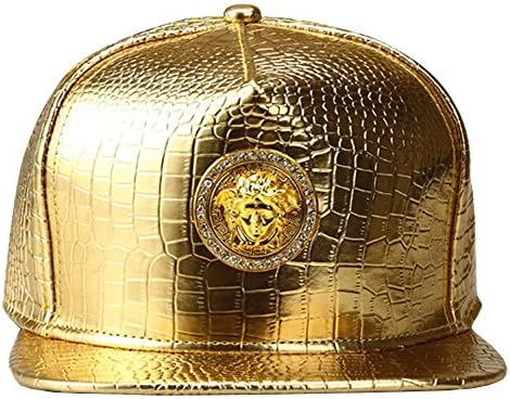 Unisex Men's Hip Hop Bling Logo Leather Flat Panel Brim Snap Back Hat Cap Golden