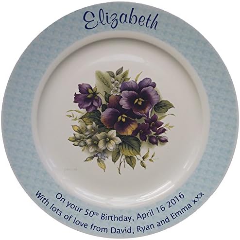 Personalized Bone China Commemorative Plate For A 50th Birthday Pansies Design With 2 Gold Bands