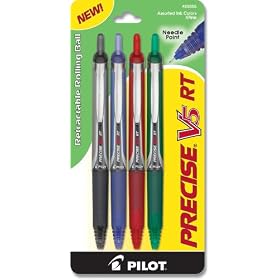 Pilot Precise V5 Retractable Rolling Ball Extra Fine Point Pen, 4-pack, Black/Blue/Red/Green (26055)