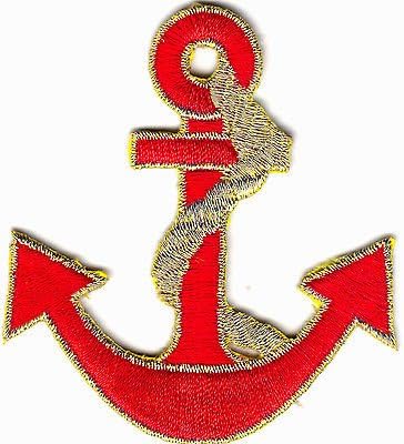 NAUTICAL-ANCHOR, RED W/GOLD ROPE & OUTLINE - Iron On Embroidered Applique