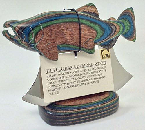 Made in Alaska Dymondwood Ulu Knife &amp; Stand Exotic Colors SALMON FISH Design