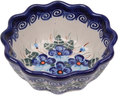 Polish Pottery Ceramika Boleslawiec,  0432/162, Bowl Babka Small, 1/2 Cup, Royal Blue Patterns with Blue Pansy Flower Motif