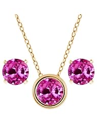3.00 Ct Round Pink Created Sapphire 14K Yellow Gold Pendant Earrings Set