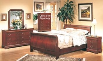 5PC Cherry Finish Hardwood Eastern King Size Sleigh Bed Complete Bedroom Set