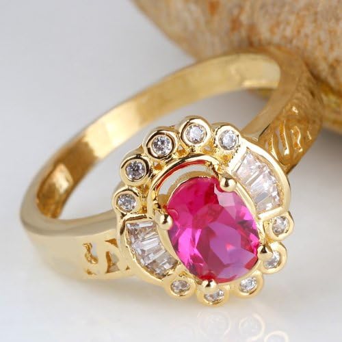 Gold Finish Sterling Silver Oval-Shape Created Red Ruby Ring Mother Gift Size 6