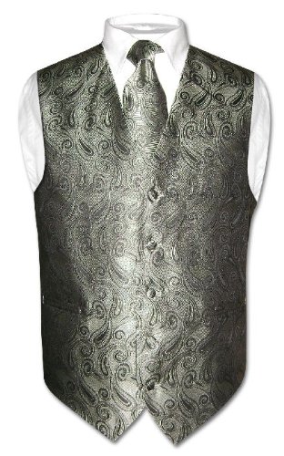 Beat Deal Covona Men's GREEN Color Paisley Design Dress Vest NeckTie Set for Suit or Tuxedo