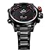 Weide Mens Sports Black Dial Dual Time Red Number Display Black Stainless Steel Wrist Watch