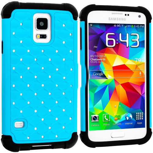 myLife (TM) Black and Deep Sky Blue - Diamond Shell Series (2 Layer Hybrid) Slim Armor Case for the NEW Galaxy S5 (5G) Smartphone by Samsung (External Rubberized Hard Shell Flex Piece + Internal Soft Silicone Flexible Bumper Gel)