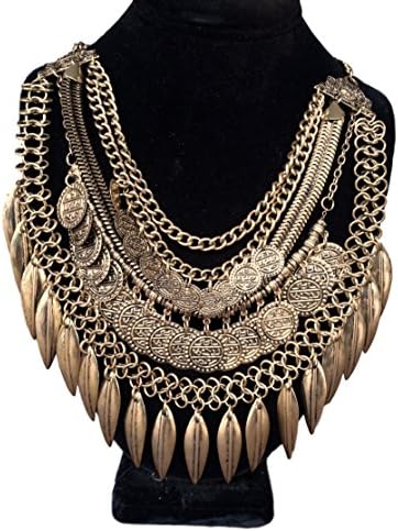 Indian, Tribal & Bohemian Style Hanging Coin Statement Bib Collar Necklace (Gold)