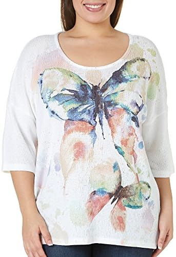 Bobeau Plus Butterfly Print Dolman Sweater 1X Ivory