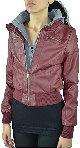 Alfa Global Junior Faux Leather Outerwear Jacket with Hoodie Burgundy L
